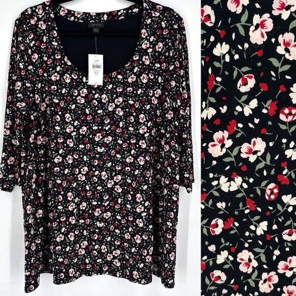 NWT J. Jill Women's Wherever Floral Crew Neck 3/4 Sleeve Blouse Black XL Petite - Picture 1 of 12